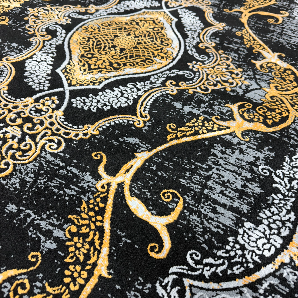 230 x 160 cm Black & Gold Distressed Medallion Fringeless Persian Style Rug