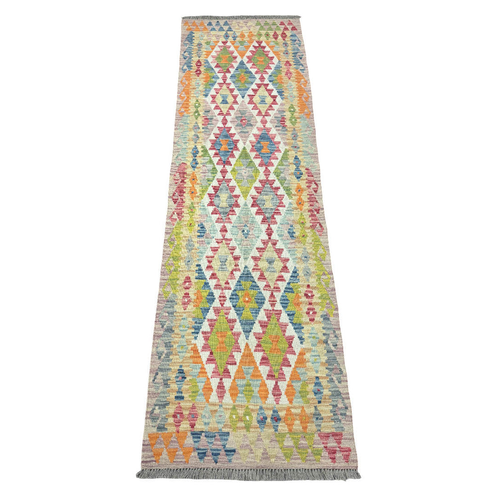 245 x 73 cm Hand-Woven Afghan Kilim Runner Rug – Wool Flatweave