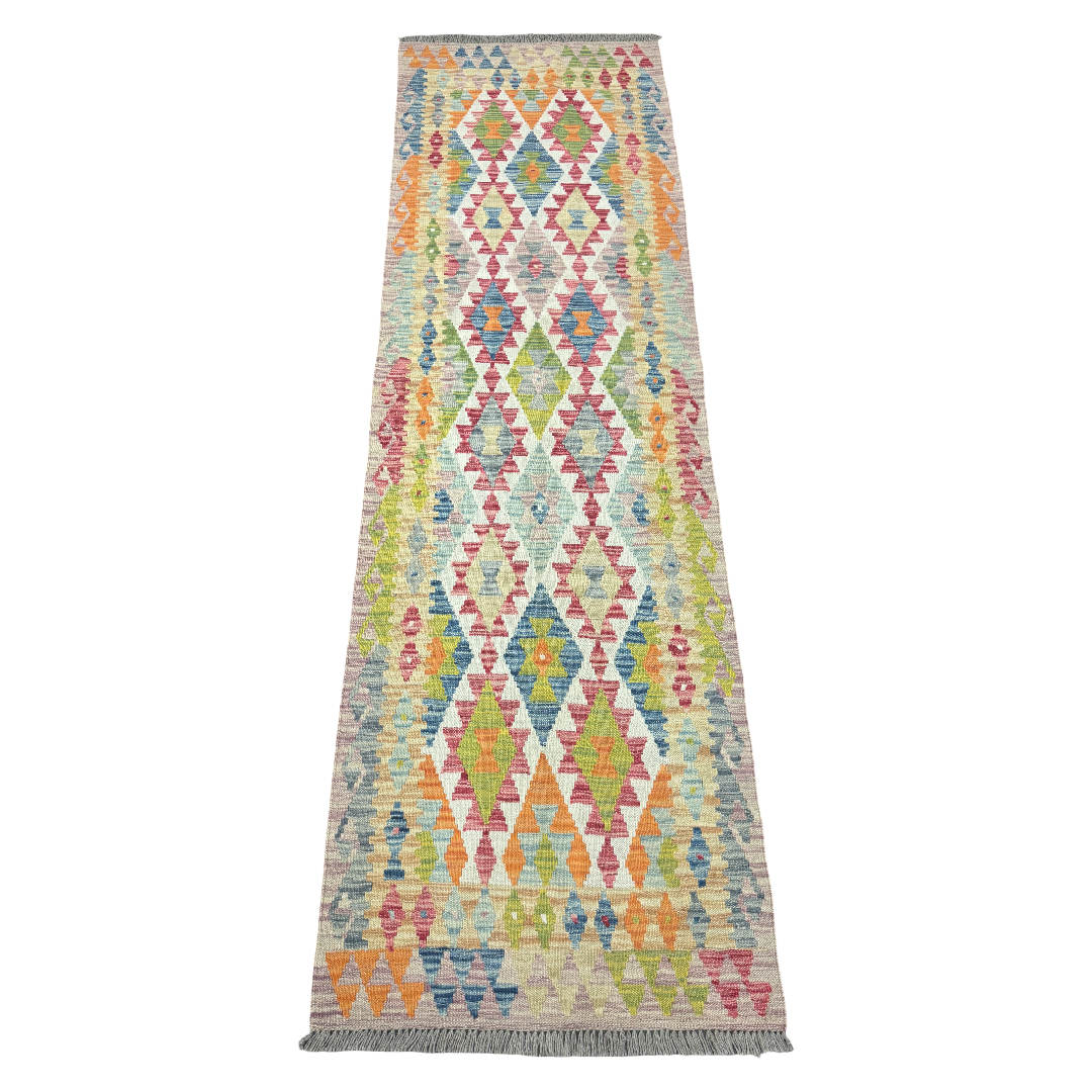 245 x 73 cm Hand-Woven Afghan Kilim Runner Rug – Wool Flatweave