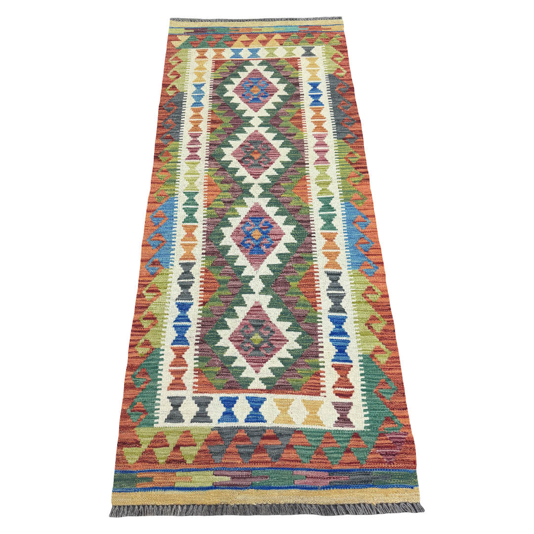 194 x 86 cm Hand-Woven Afghan Kilim Runner Rug – Wool Flatweave
