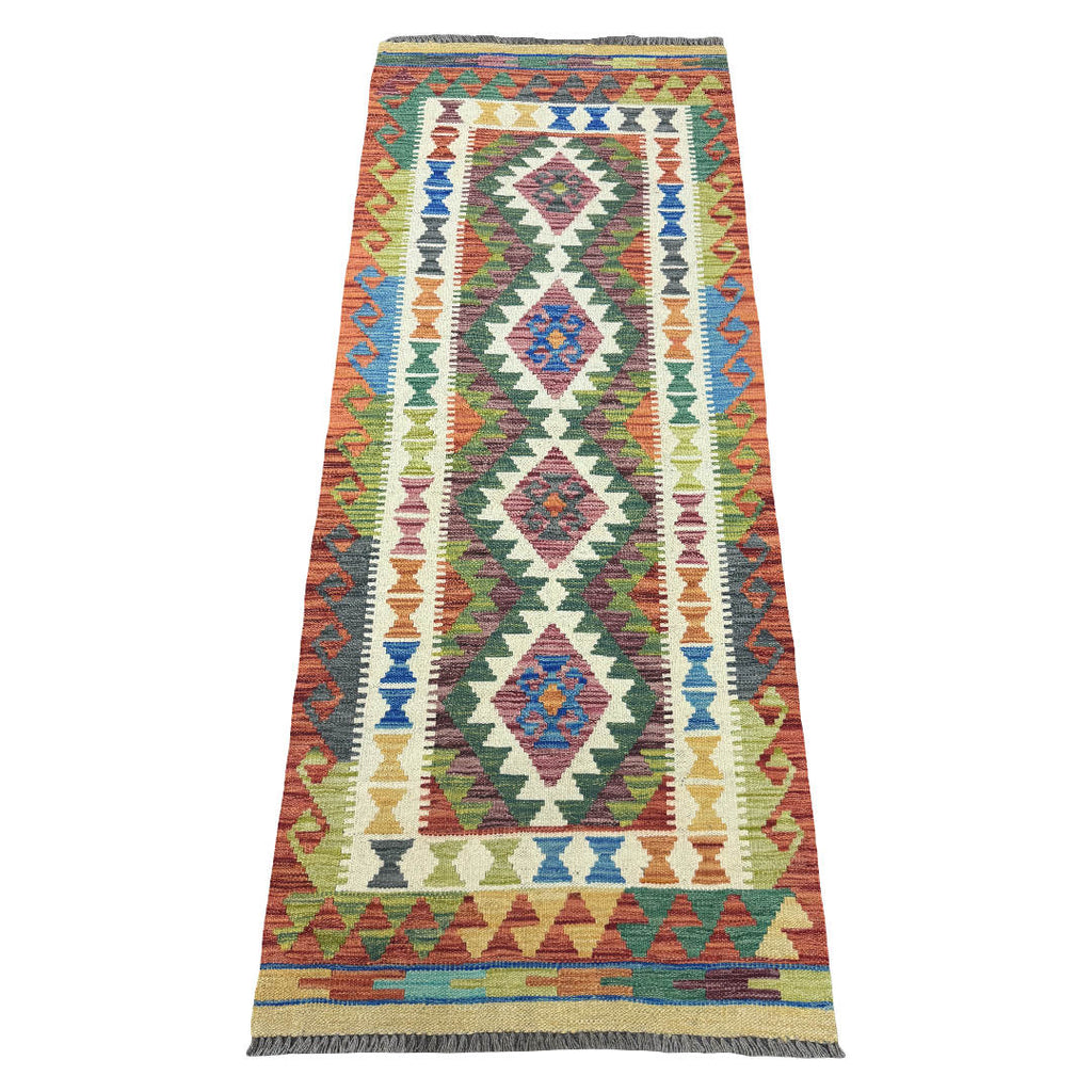 194 x 86 cm Hand-Woven Afghan Kilim Runner Rug – Wool Flatweave