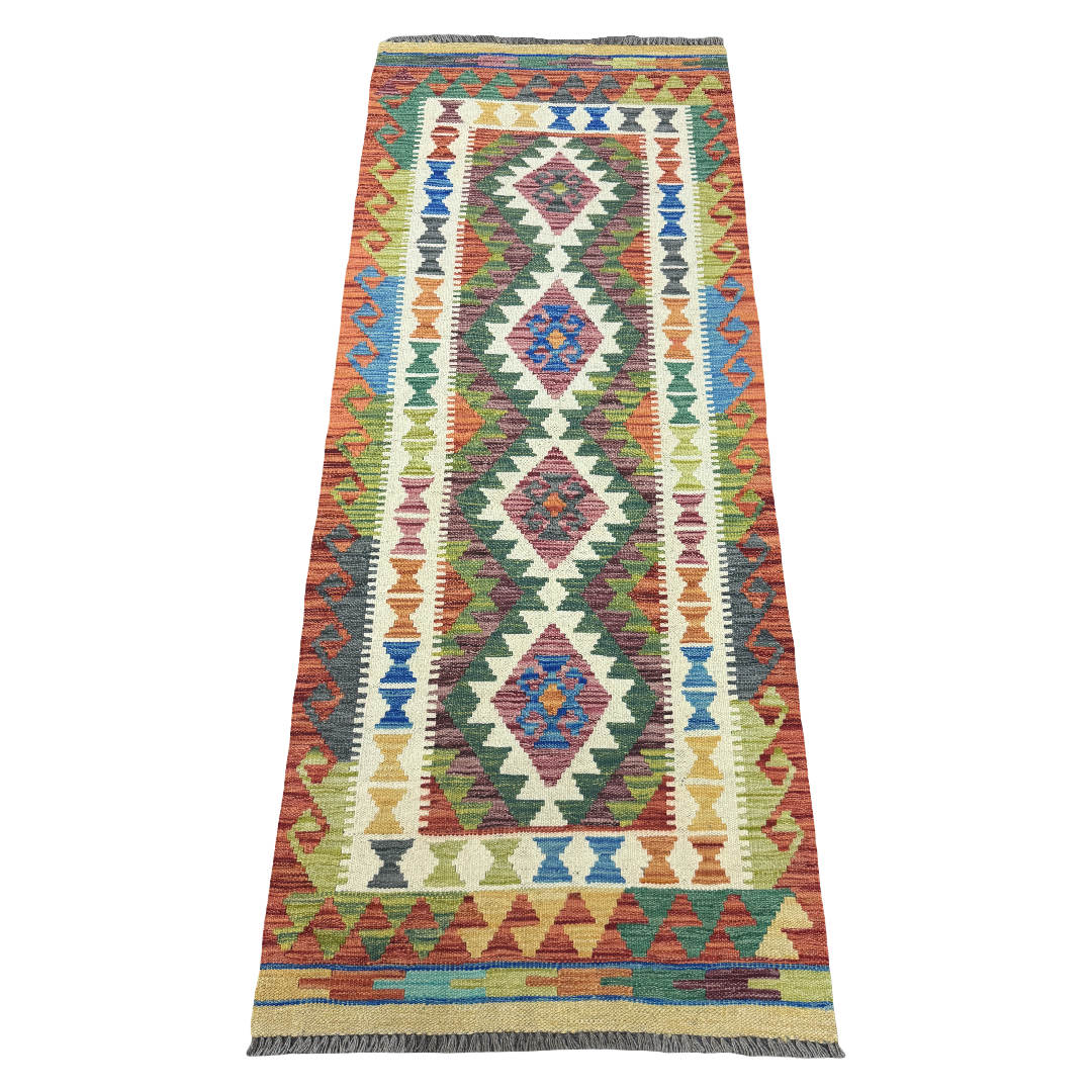 194 x 86 cm Hand-Woven Afghan Kilim Runner Rug – Wool Flatweave