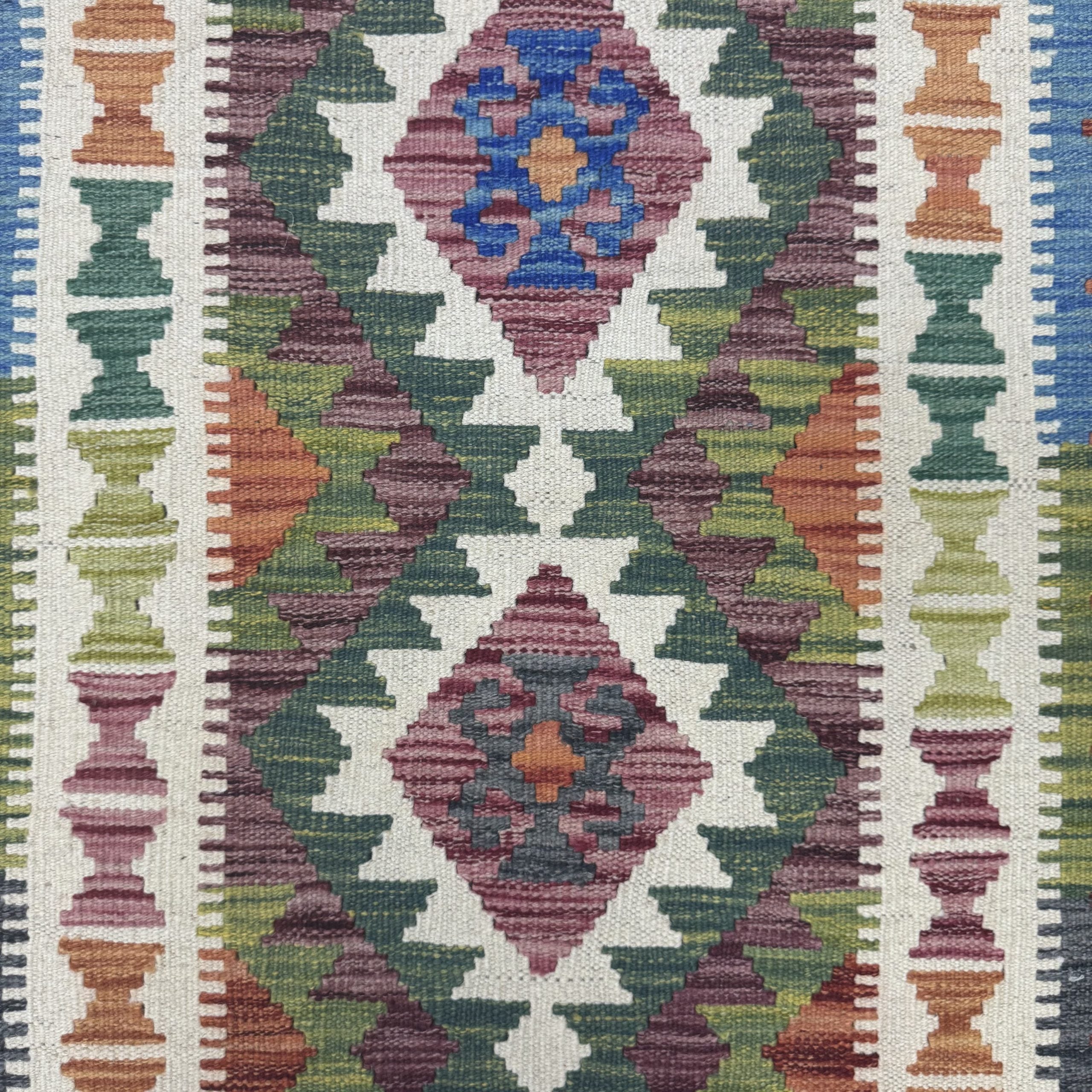 194 x 86 cm Hand-Woven Afghan Kilim Runner Rug – Wool Flatweave