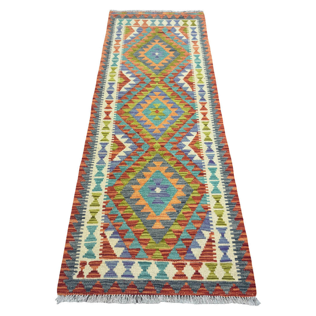 192 x 75 cm Hand-Woven Afghan Kilim Runner Rug – Wool Flatweave