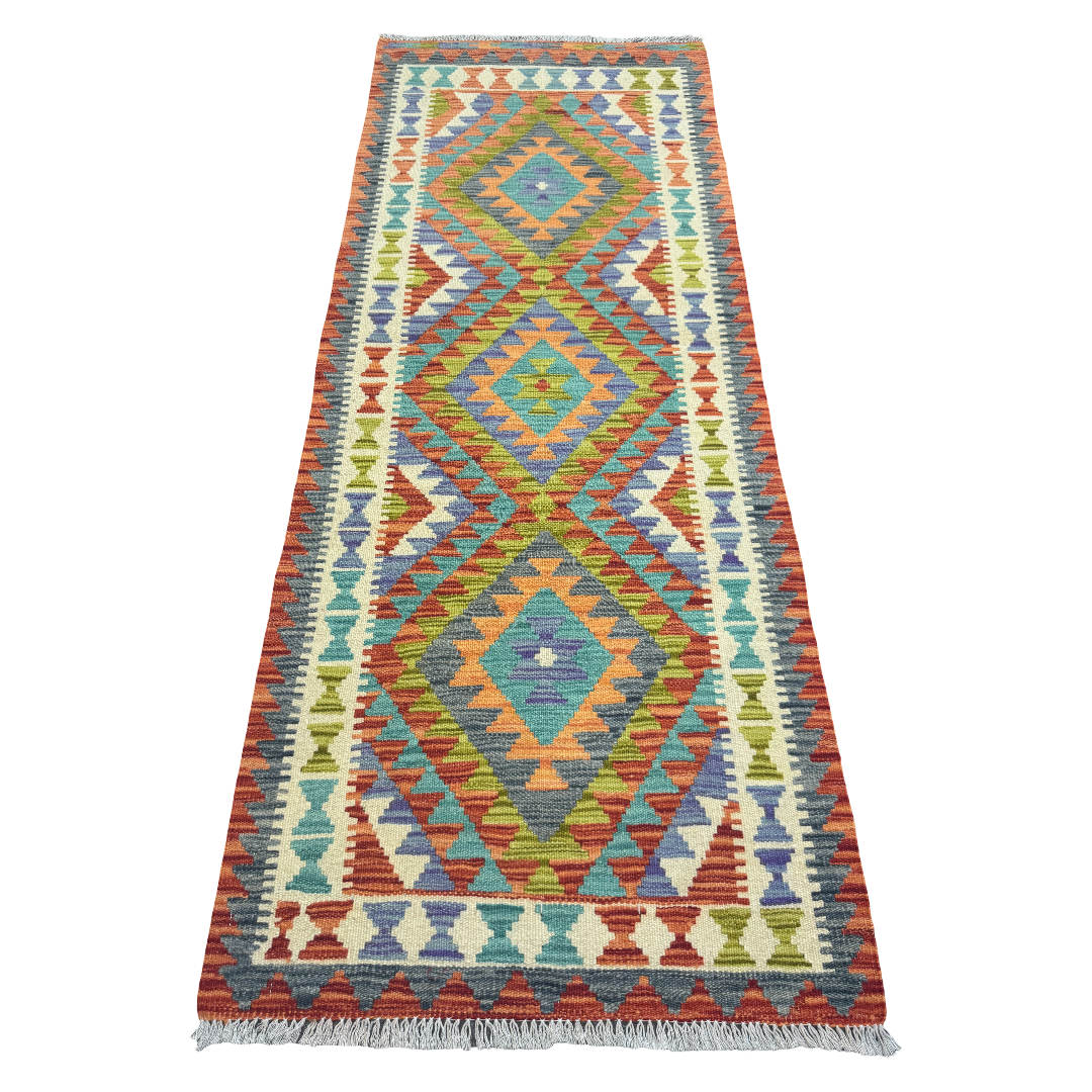 192 x 75 cm Hand-Woven Afghan Kilim Runner Rug – Wool Flatweave