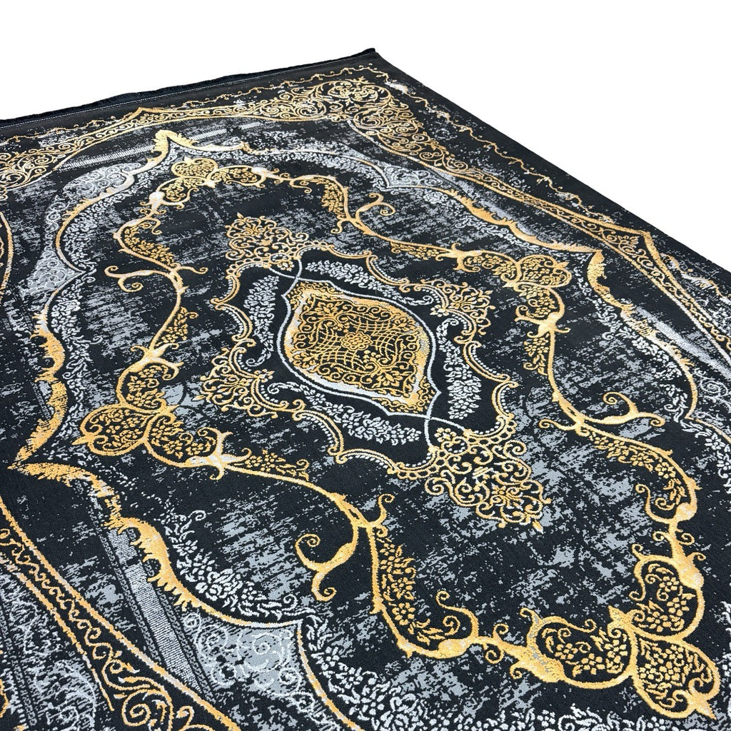 230 x 160 cm Black & Gold Distressed Medallion Turkish Rug
