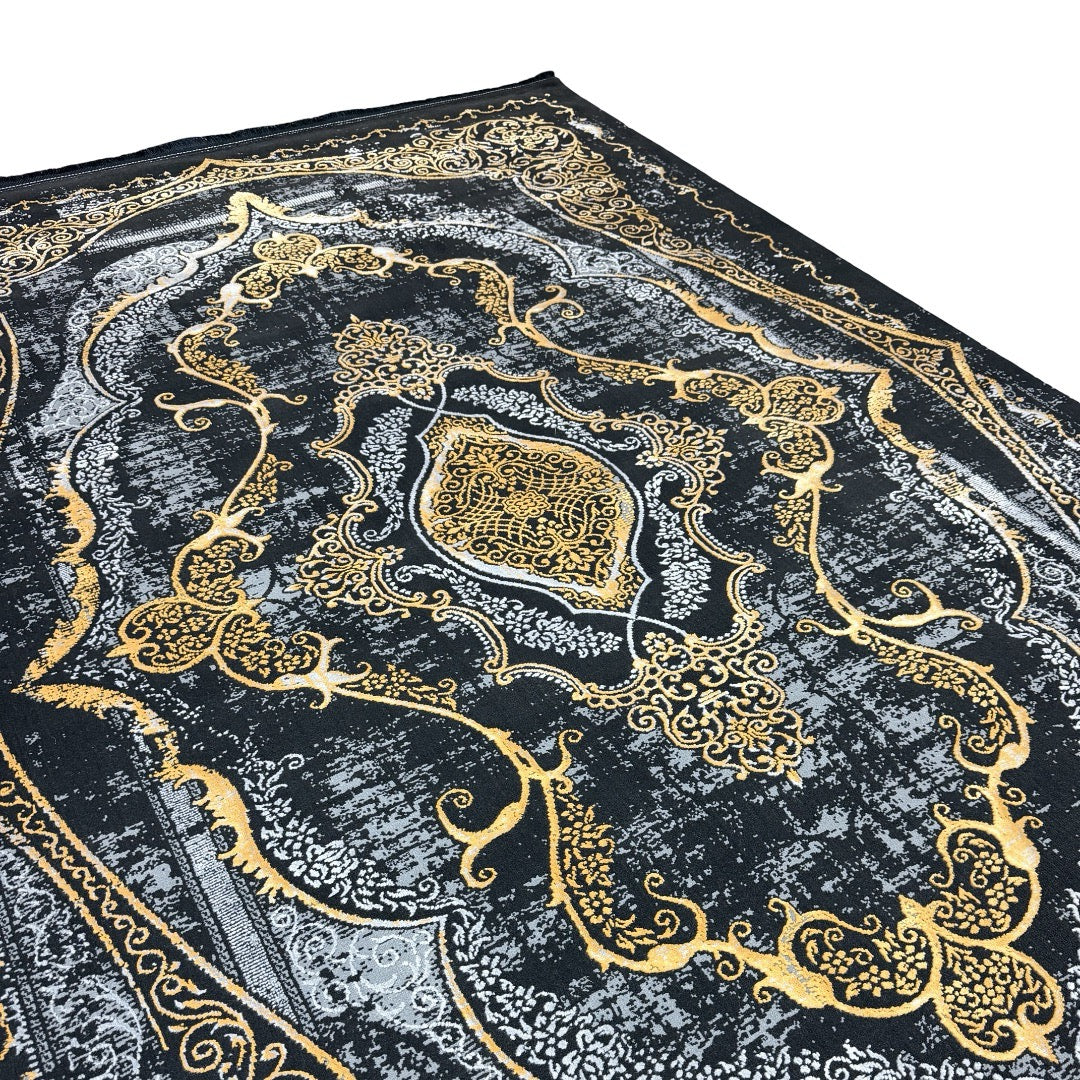 230 x 160 cm Black & Gold Distressed Medallion Turkish Rug