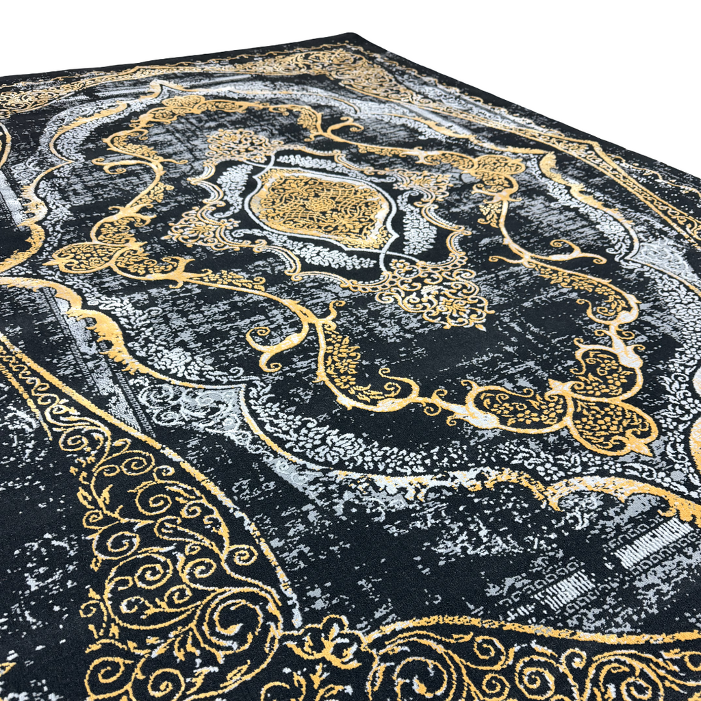230 x 160 cm Black & Gold Distressed Medallion Fringeless Persian Style Rug