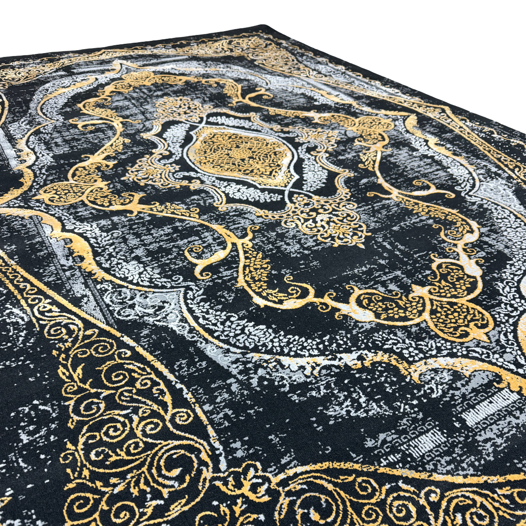 230 x 160 cm Black & Gold Distressed Medallion Fringeless Persian Style Rug
