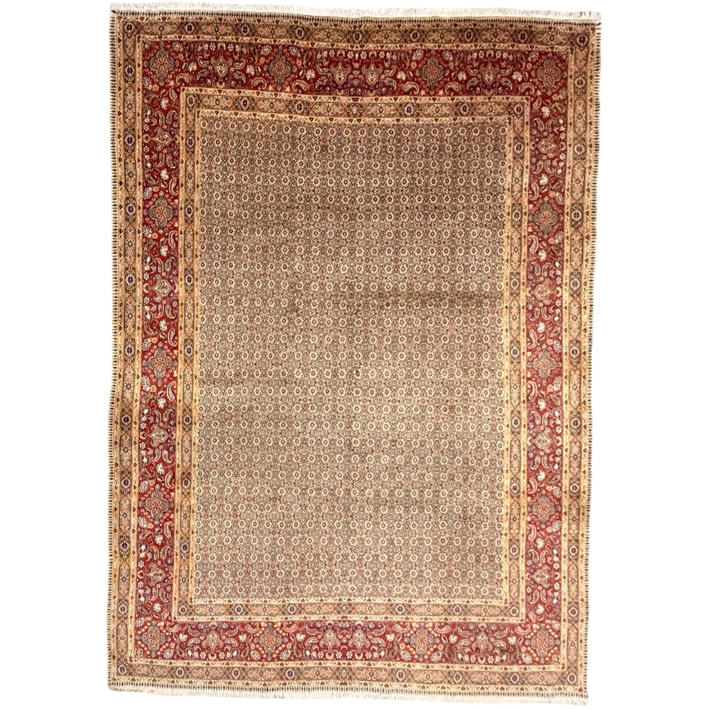 345 x 240 cm Hand Knotted Persian Moud Wool & Silk Rug – Ivory & Red