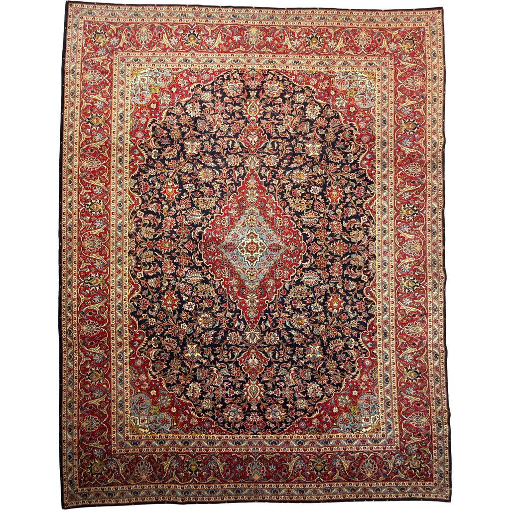 409 x 300 cm Hand Knotted Navy & Red Persian Kashan – Wool Rug