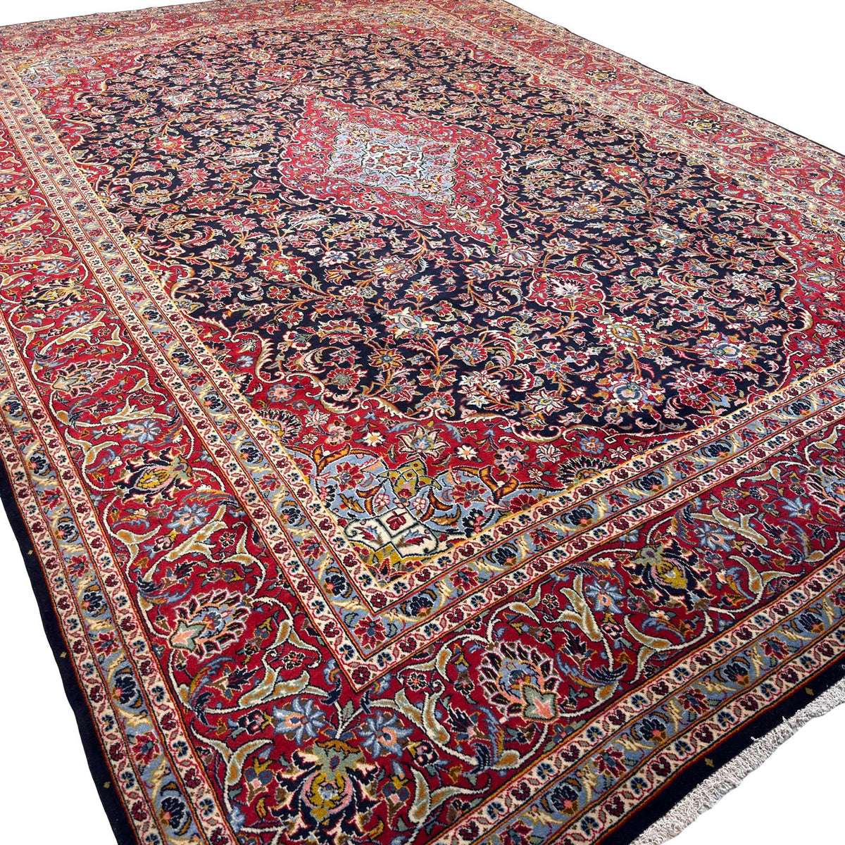 409 x 300 cm Hand Knotted Navy & Red Persian Kashan – Wool Rug