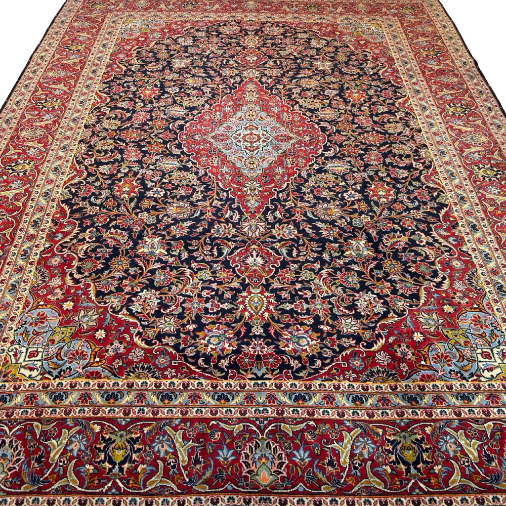 409 x 300 cm Hand Knotted Navy & Red Persian Kashan – Wool Rug
