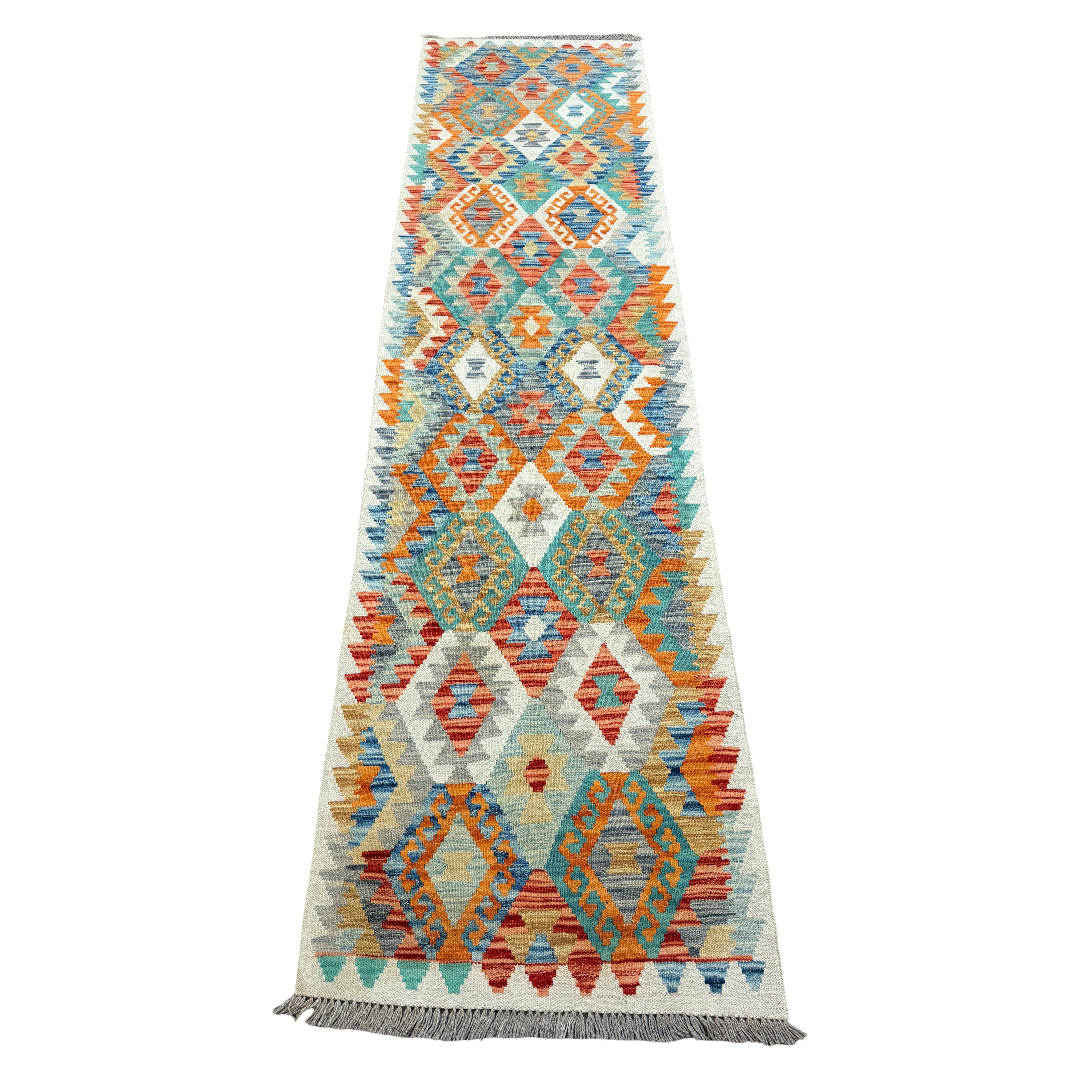 273 x 72 cm Hand-Woven Afghan Kilim Runner Rug – Wool Flatweave