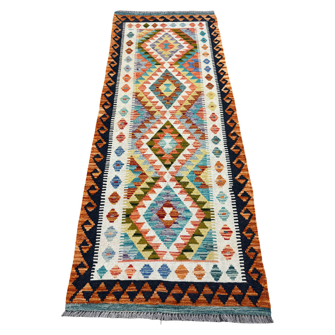 198 x 79 cm Hand-Woven Afghan Kilim Runner Rug – Wool Flatweave
