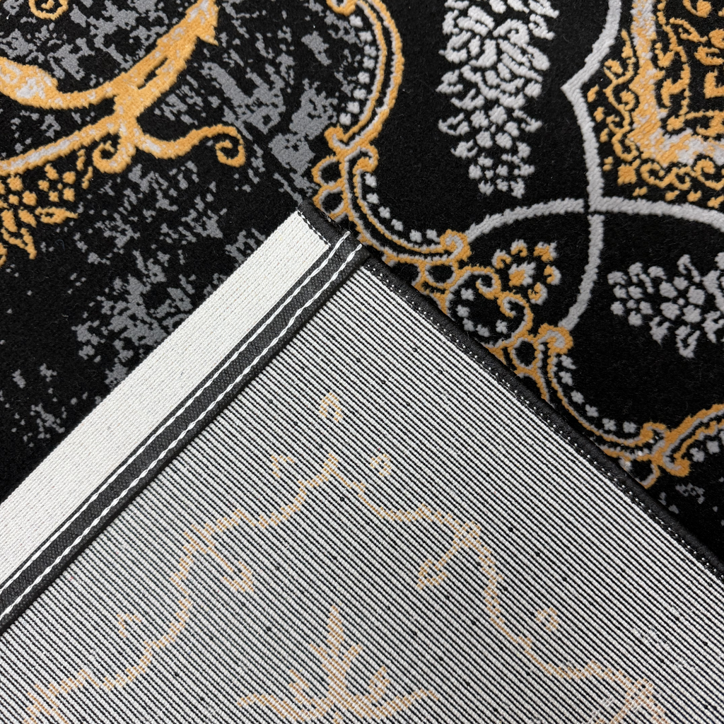 230 x 160 cm Black & Gold Distressed Medallion Fringeless Persian Style Rug