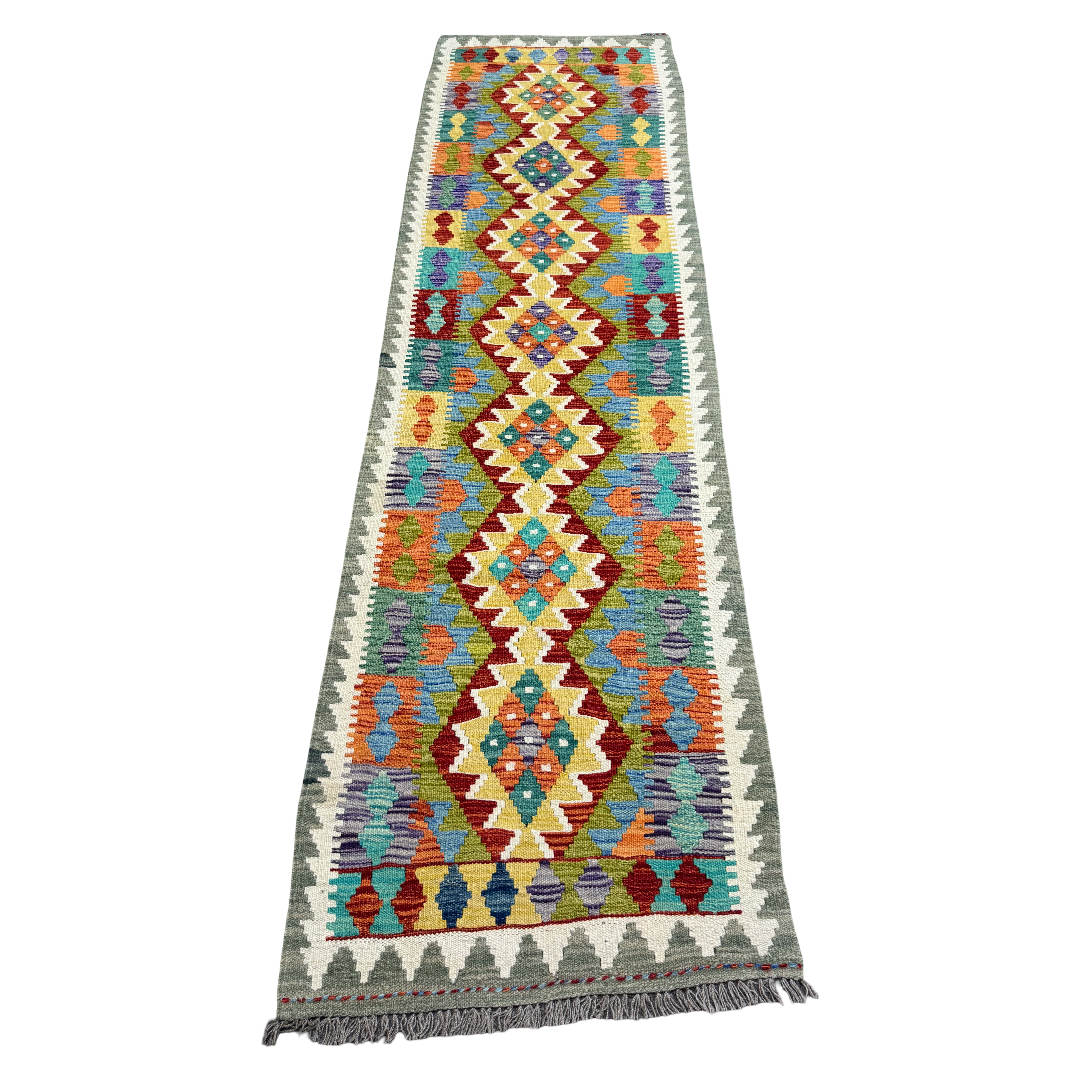 273 x 78 cm Hand-Woven Afghan Kilim Runner Rug – Wool Flatweave
