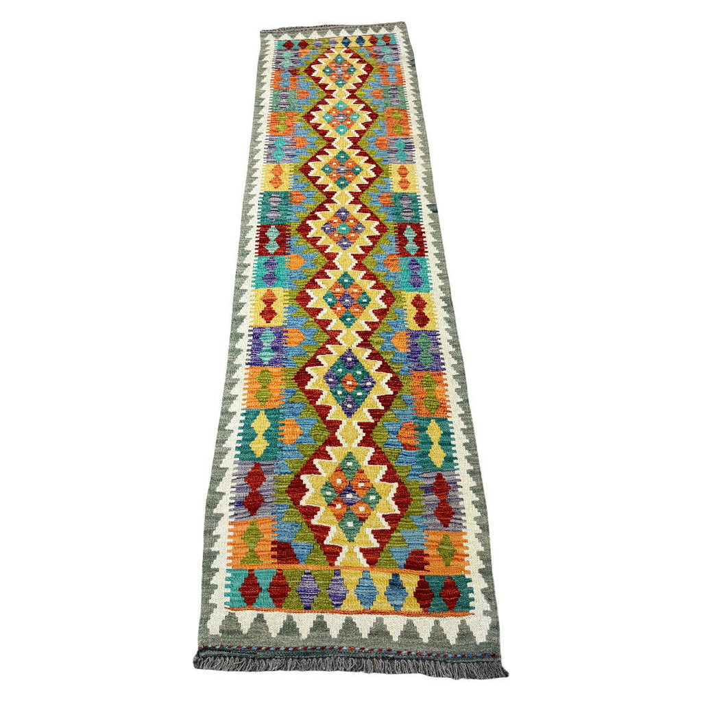 273 x 78 cm Hand-Woven Afghan Kilim Runner Rug – Wool Flatweave