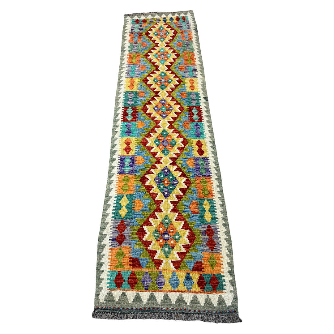 273 x 78 cm Hand-Woven Afghan Kilim Runner Rug – Wool Flatweave