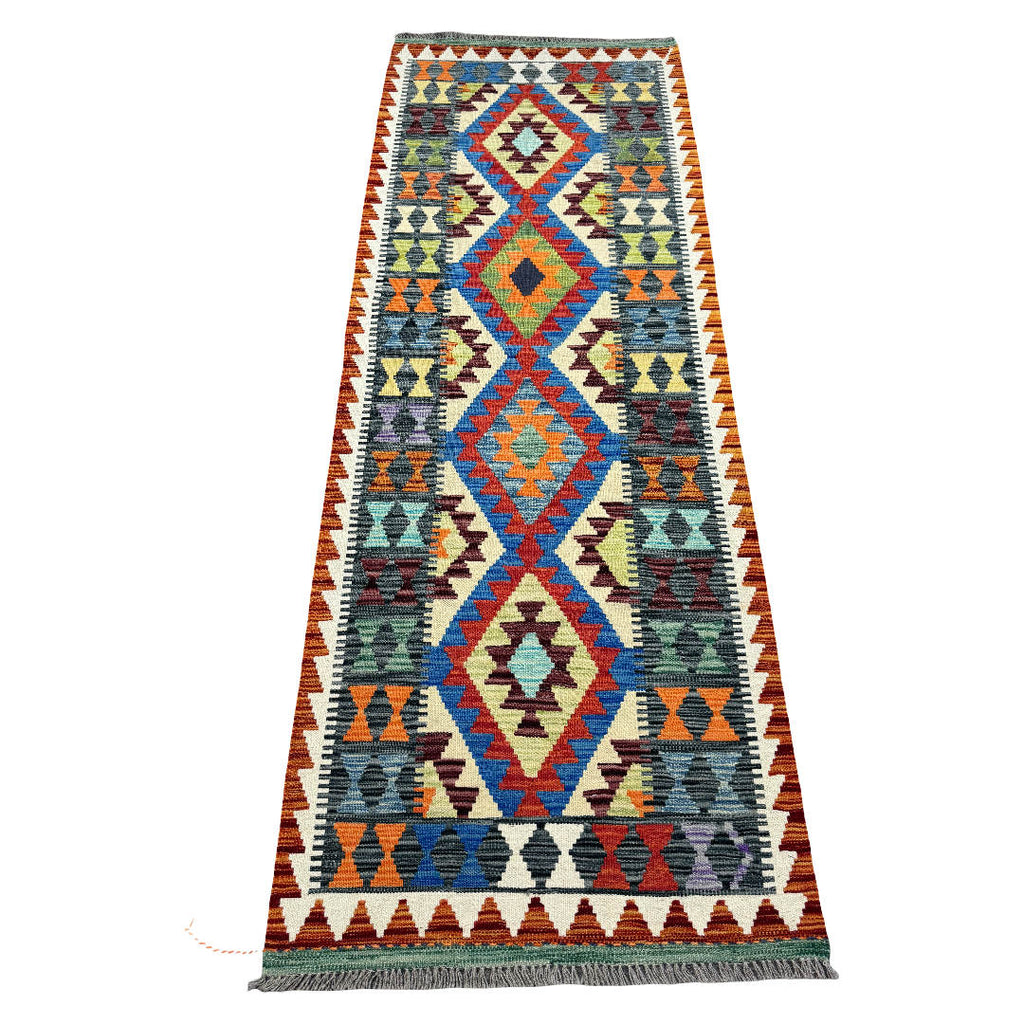 220 x 80 cm Hand-Woven Afghan Kilim Runner Rug – Wool Flatweave