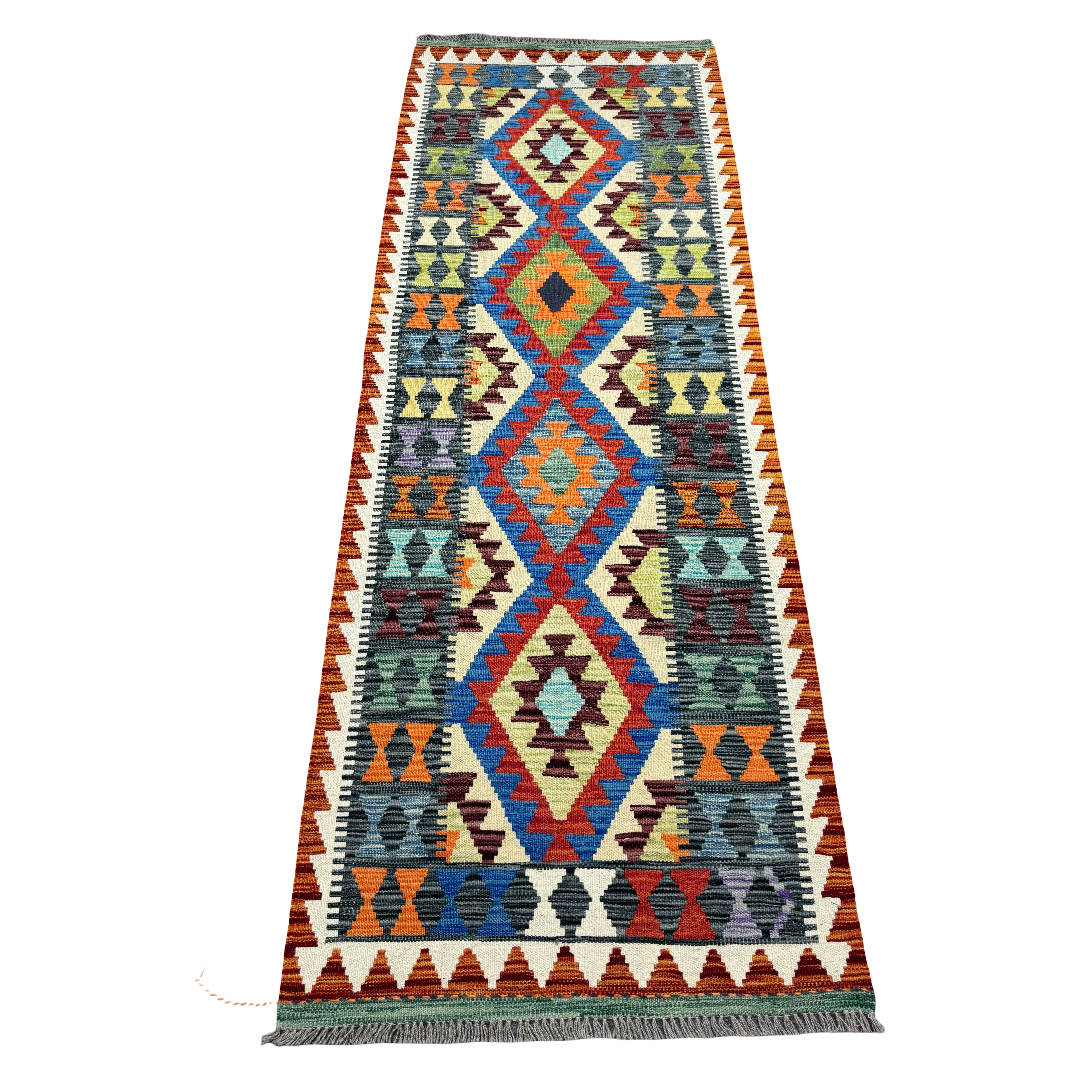 220 x 80 cm Hand-Woven Afghan Kilim Runner Rug – Wool Flatweave