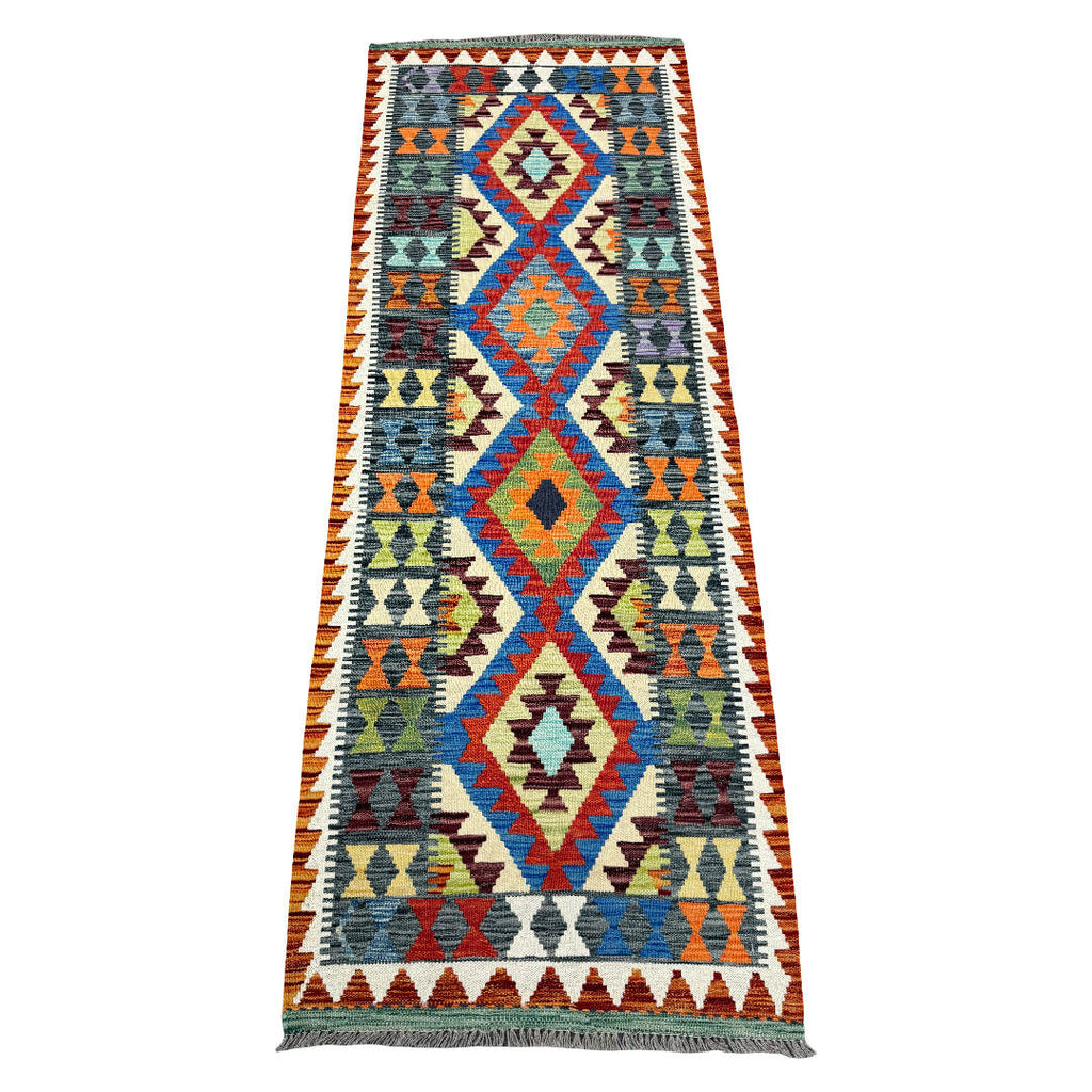 220 x 80 cm Hand-Woven Afghan Kilim Runner Rug – Wool Flatweave
