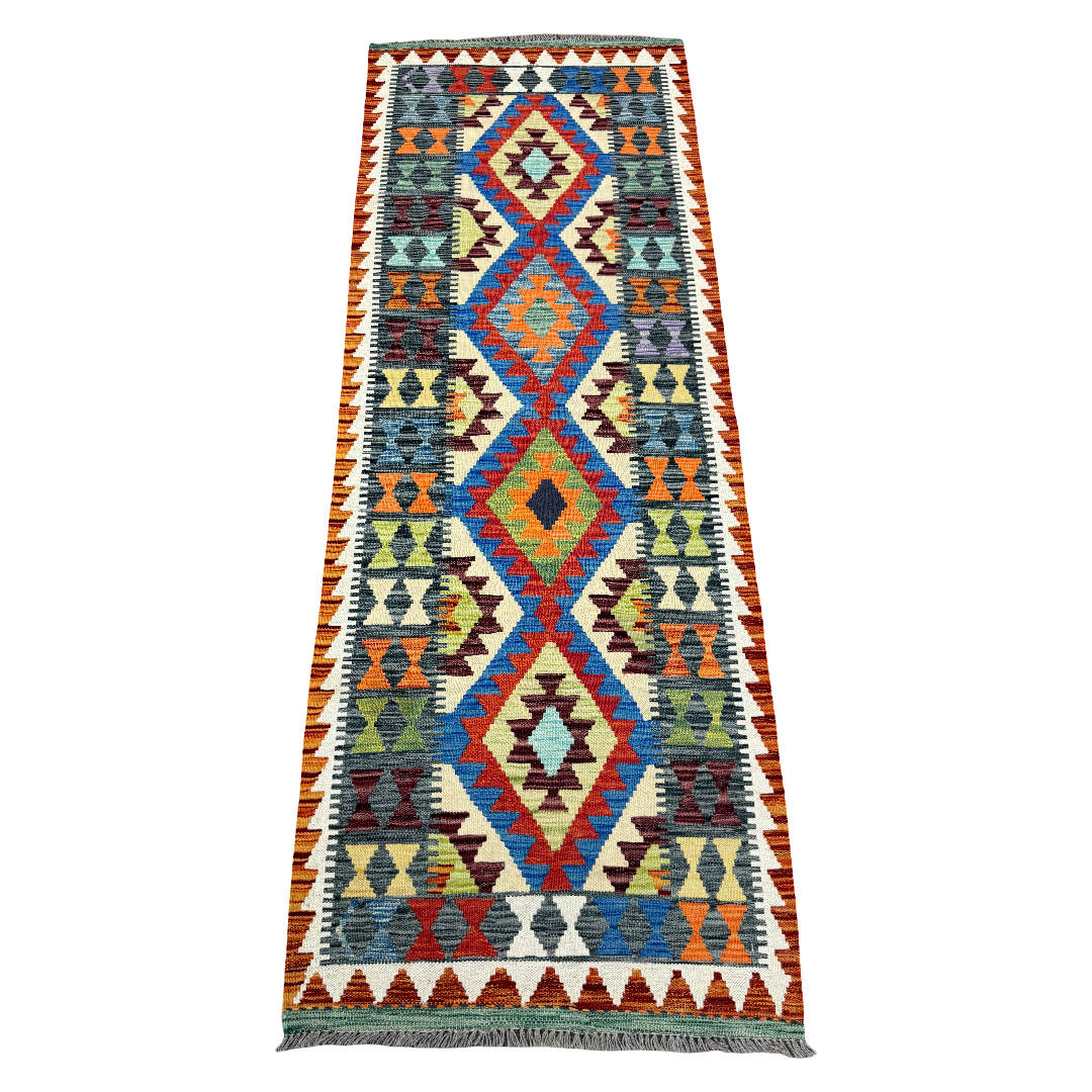 220 x 80 cm Hand-Woven Afghan Kilim Runner Rug – Wool Flatweave