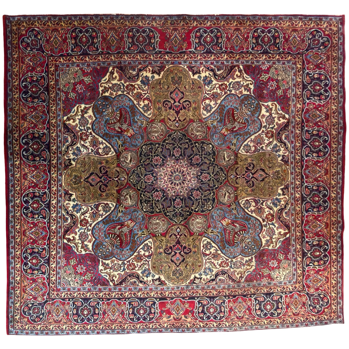 295 x 297 cm Rare Square Persian Perspolis Kashmar Hand-Knotted Wool Rug