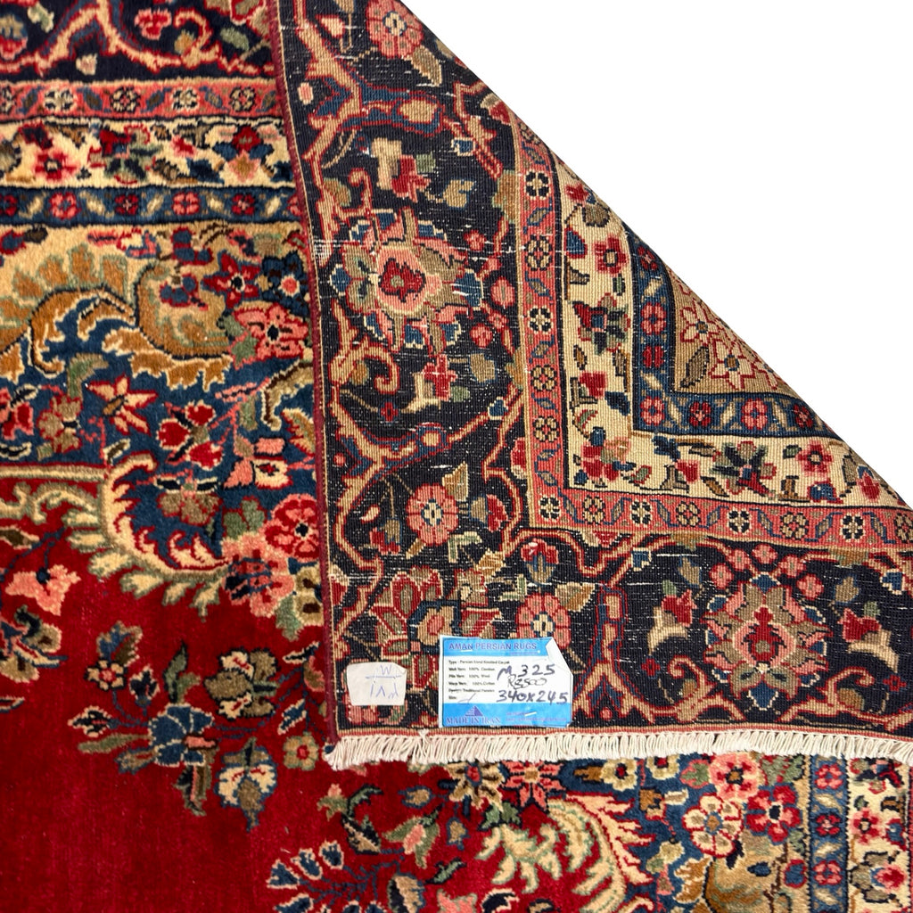 340 x 245 cm Vintage Hand-Knotted Persian Lilihan Wool Rug – Red & Navy