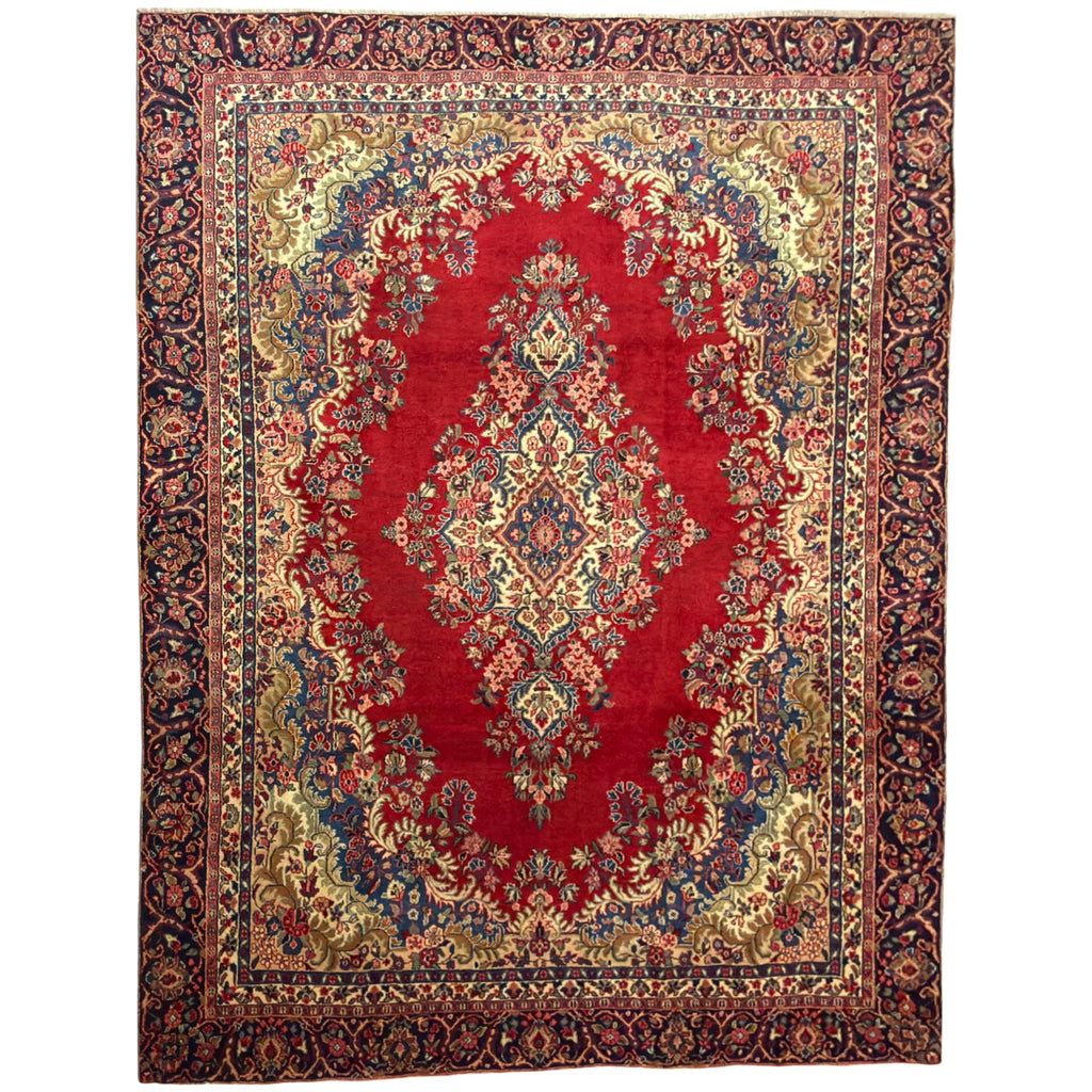 340 x 245 cm Vintage Hand-Knotted Persian Lilihan Wool Rug – Red & Navy
