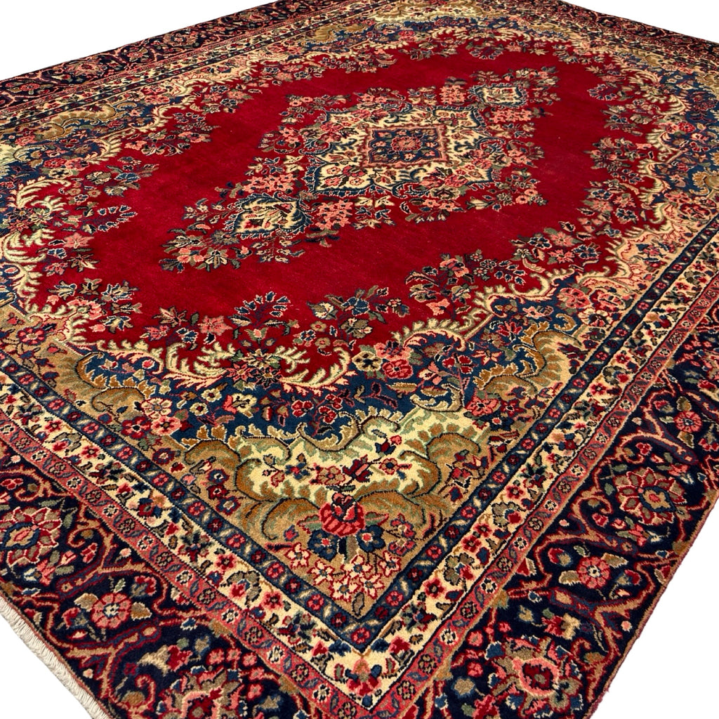 340 x 245 cm Vintage Hand-Knotted Persian Lilihan Wool Rug – Red & Navy