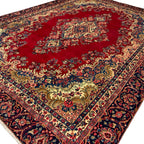 340 x 245 cm Vintage Hand-Knotted Persian Lilihan Wool Rug – Red & Navy