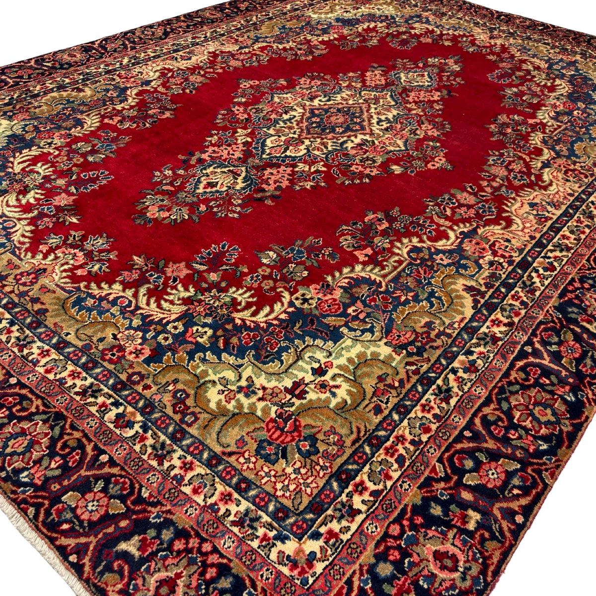340 x 245 cm Vintage Hand-Knotted Persian Lilihan Wool Rug – Red & Navy