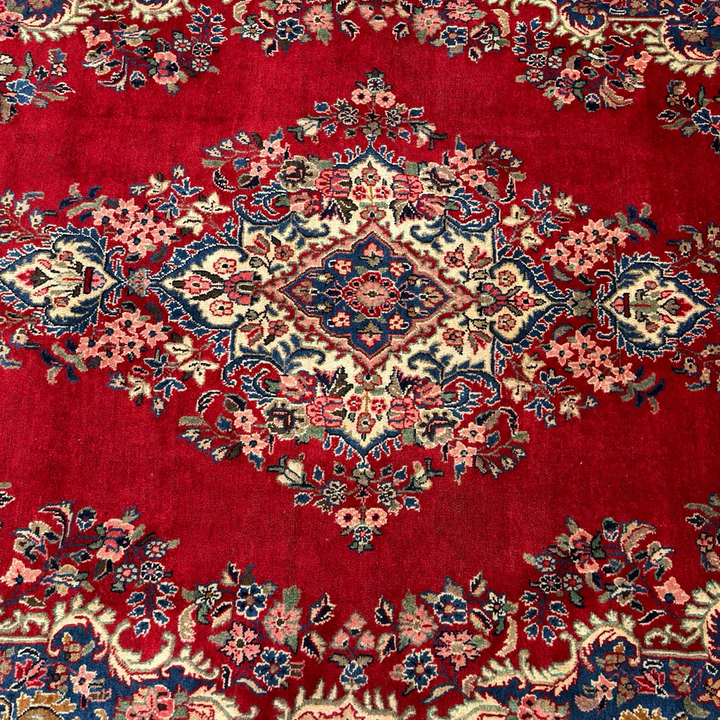 340 x 245 cm Vintage Hand-Knotted Persian Lilihan Wool Rug – Red & Navy