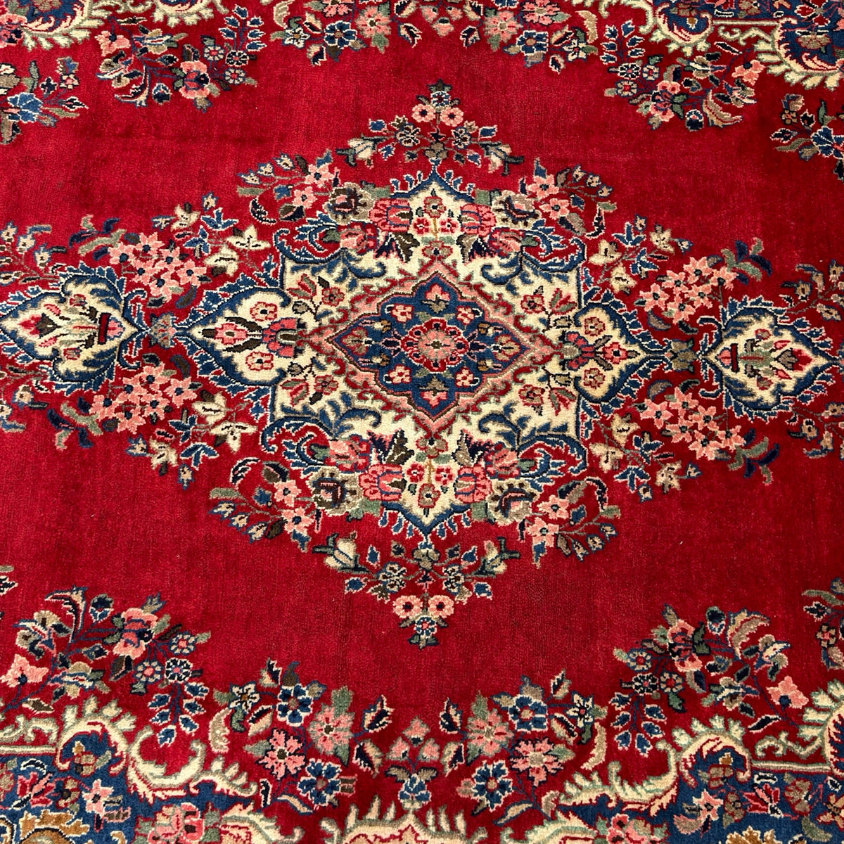 340 x 245 cm Vintage Hand-Knotted Persian Lilihan Wool Rug – Red & Navy