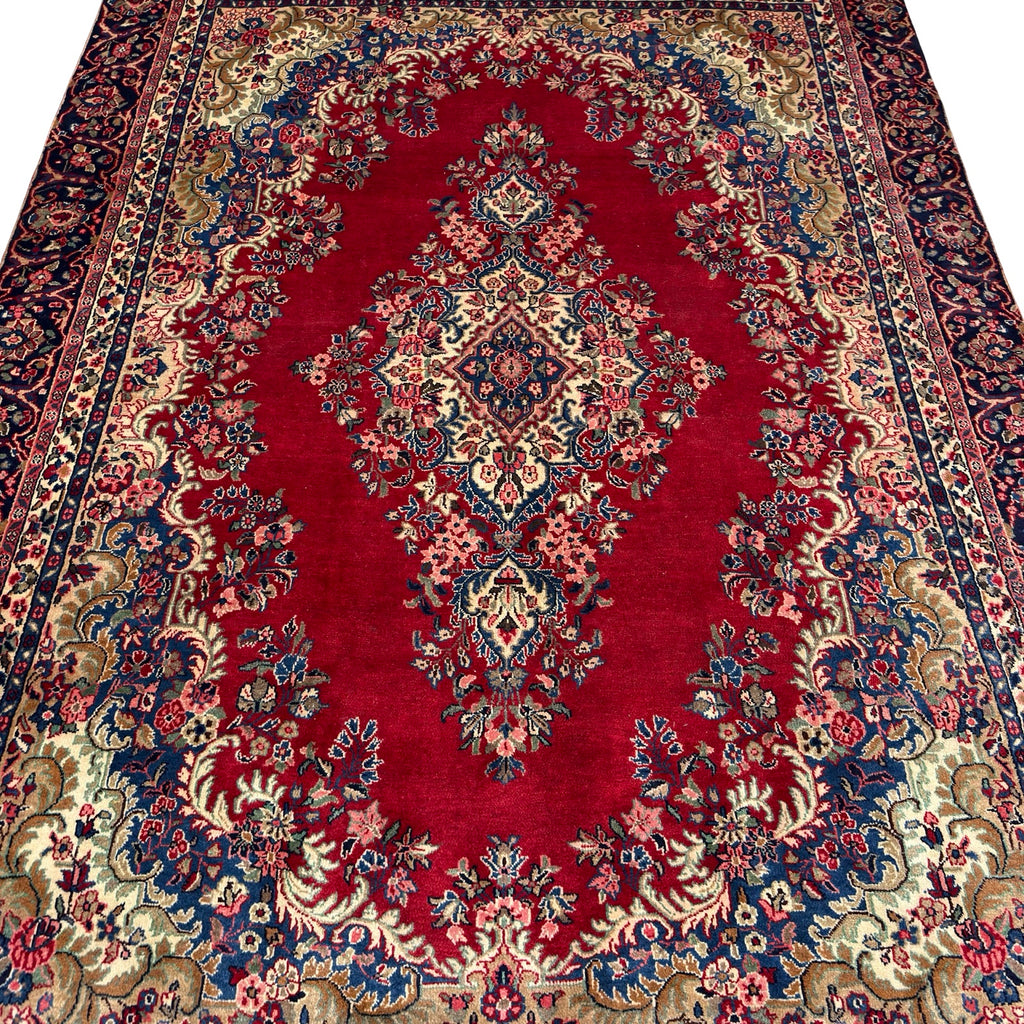 340 x 245 cm Vintage Hand-Knotted Persian Lilihan Wool Rug – Red & Navy