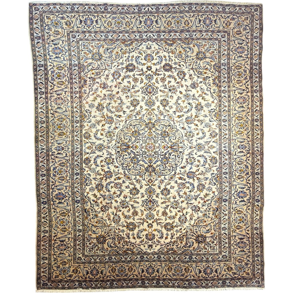 355 x 266 cm Persian Kashan Hand-Knotted Cream Wool Rug