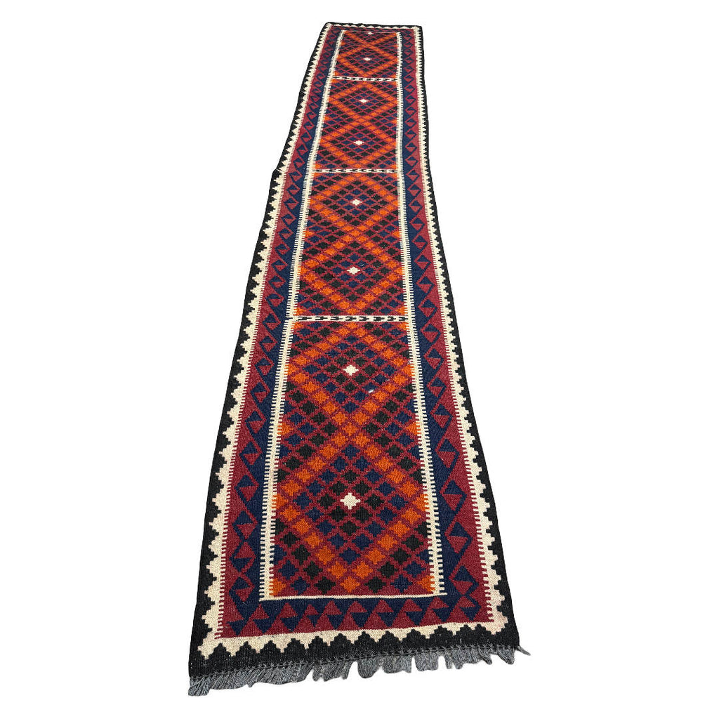 391 x 72 cm Hand-Woven Afghan Kilim Runner Rug – Wool Flatweave