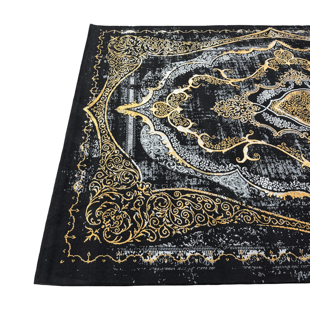 230 x 160 cm Black & Gold Distressed Medallion Fringeless Persian Style Rug