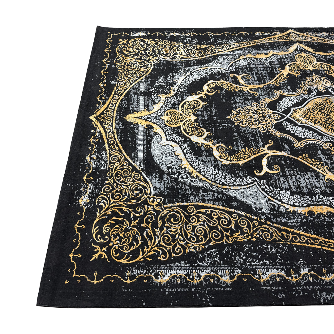 230 x 160 cm Black & Gold Distressed Medallion Fringeless Persian Style Rug