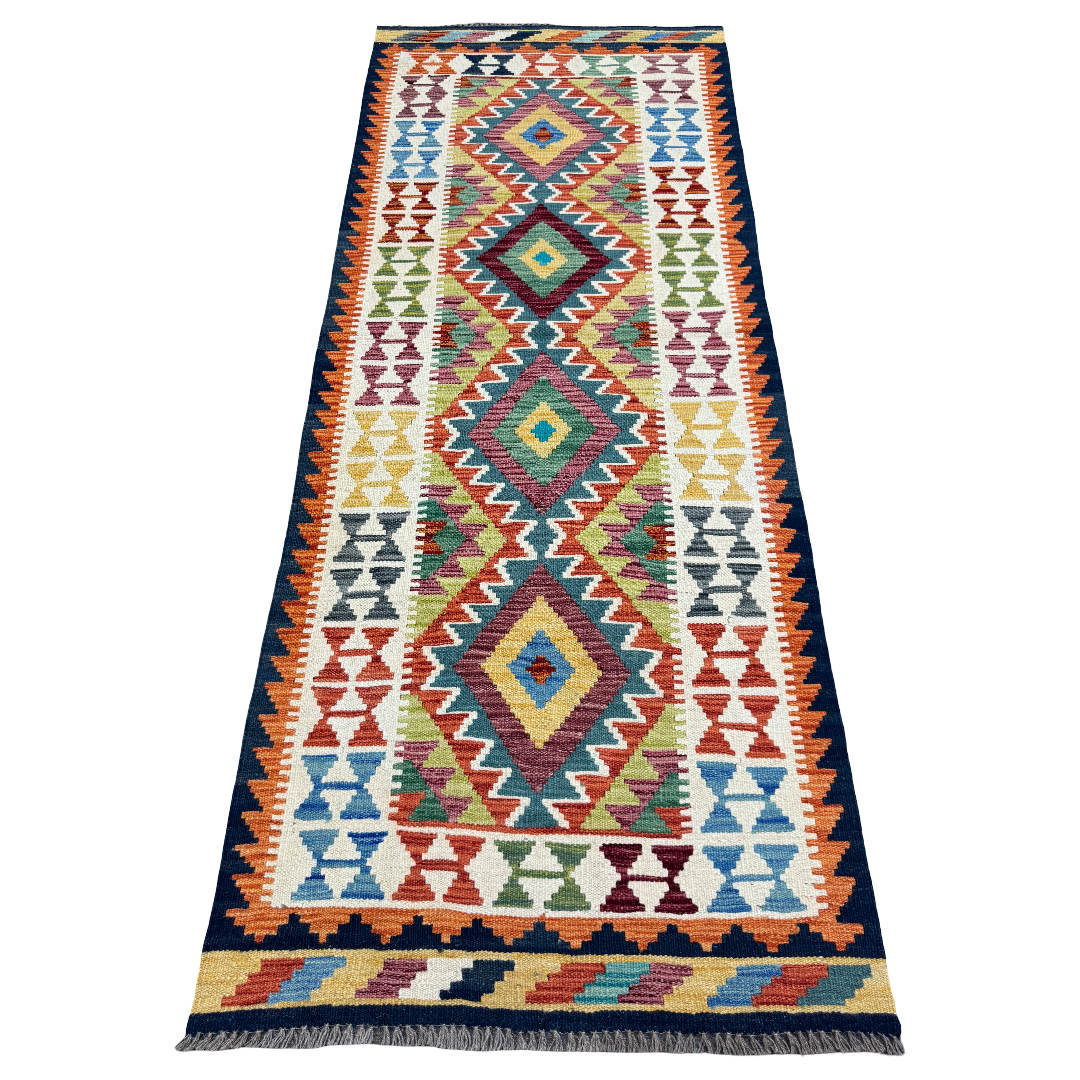 210 x 85 cm Hand-Woven Afghan Kilim Runner Rug – Wool Flatweave