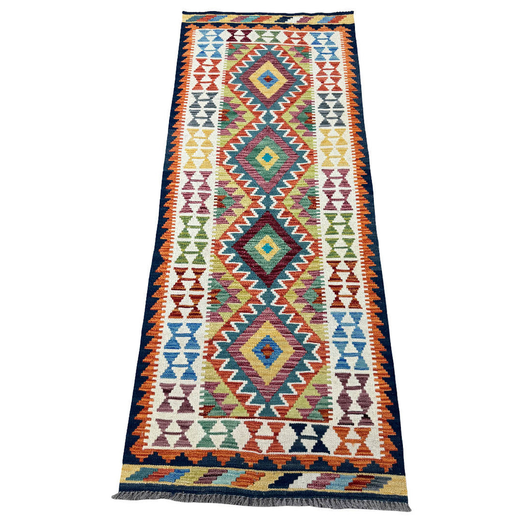 210 x 85 cm Hand-Woven Afghan Kilim Runner Rug – Wool Flatweave