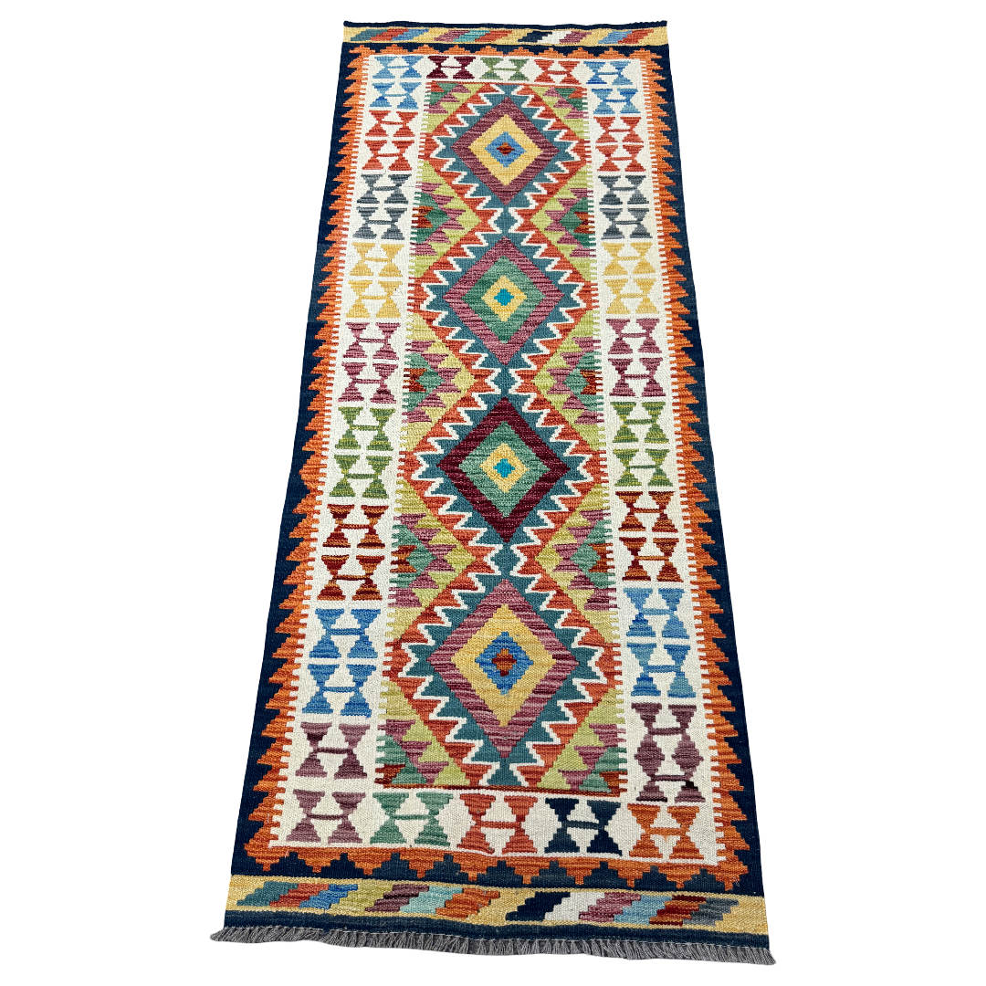 210 x 85 cm Hand-Woven Afghan Kilim Runner Rug – Wool Flatweave
