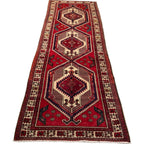 346 x 103 cm Hand Knotted Vintage Persian Karaja Wool Runner Rug – Red & Navy