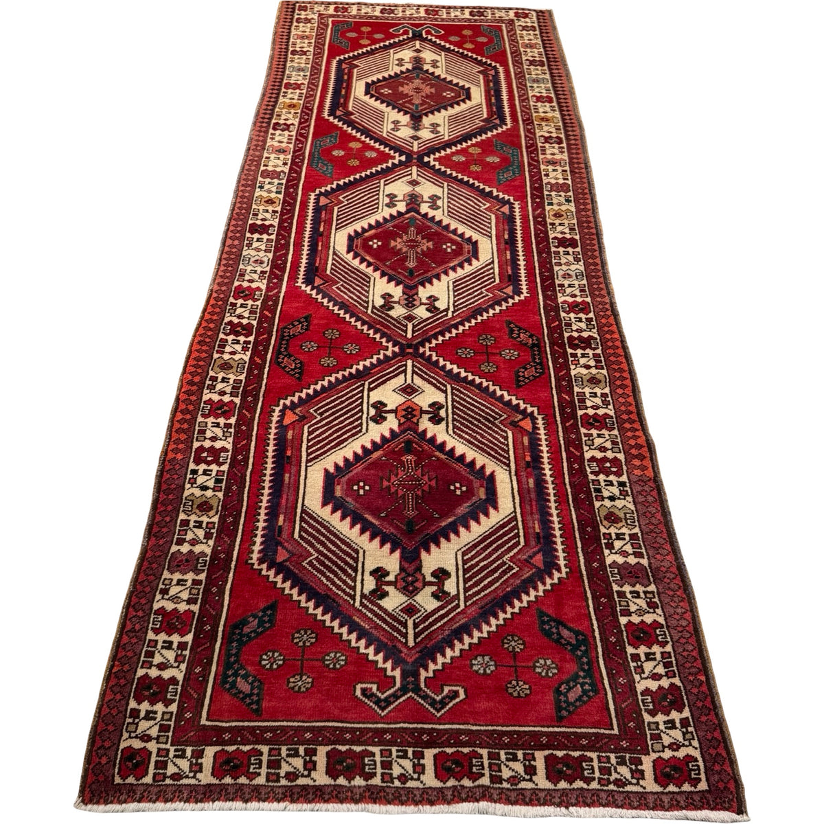 346 x 103 cm Hand Knotted Vintage Persian Karaja Wool Runner Rug – Red & Navy