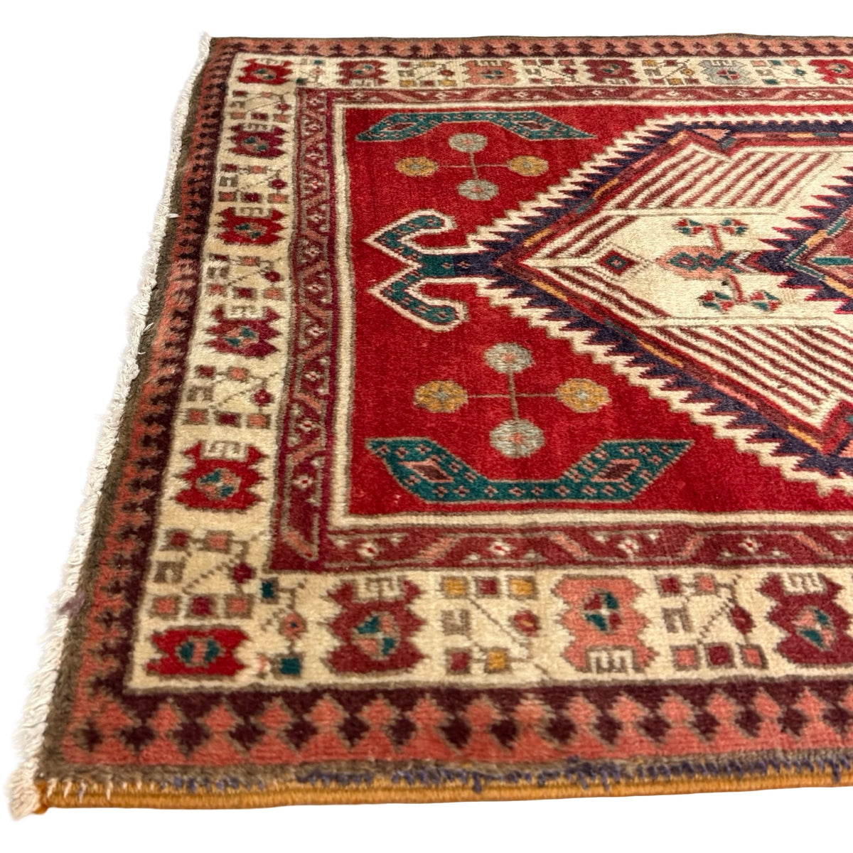 346 x 103 cm Hand Knotted Vintage Persian Karaja Wool Runner Rug – Red & Navy