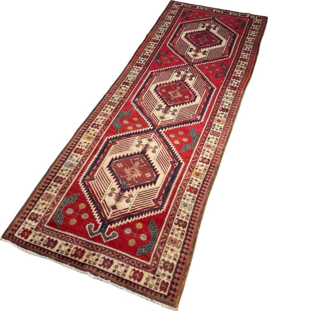346 x 103 cm Hand Knotted Vintage Persian Karaja Wool Runner Rug – Red & Navy