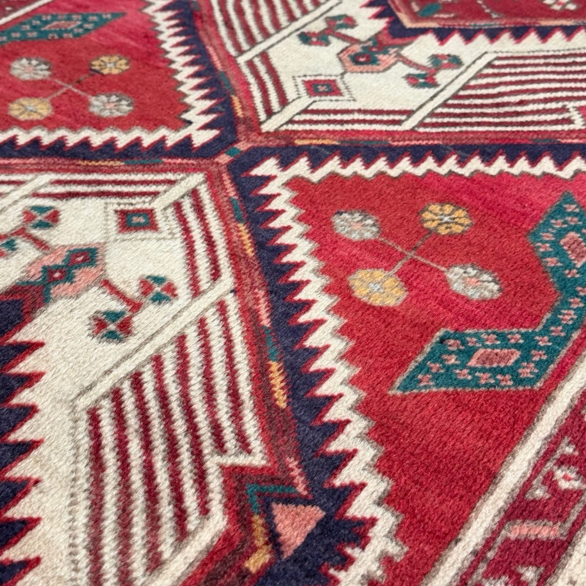 346 x 103 cm Hand Knotted Vintage Persian Karaja Wool Runner Rug – Red & Navy