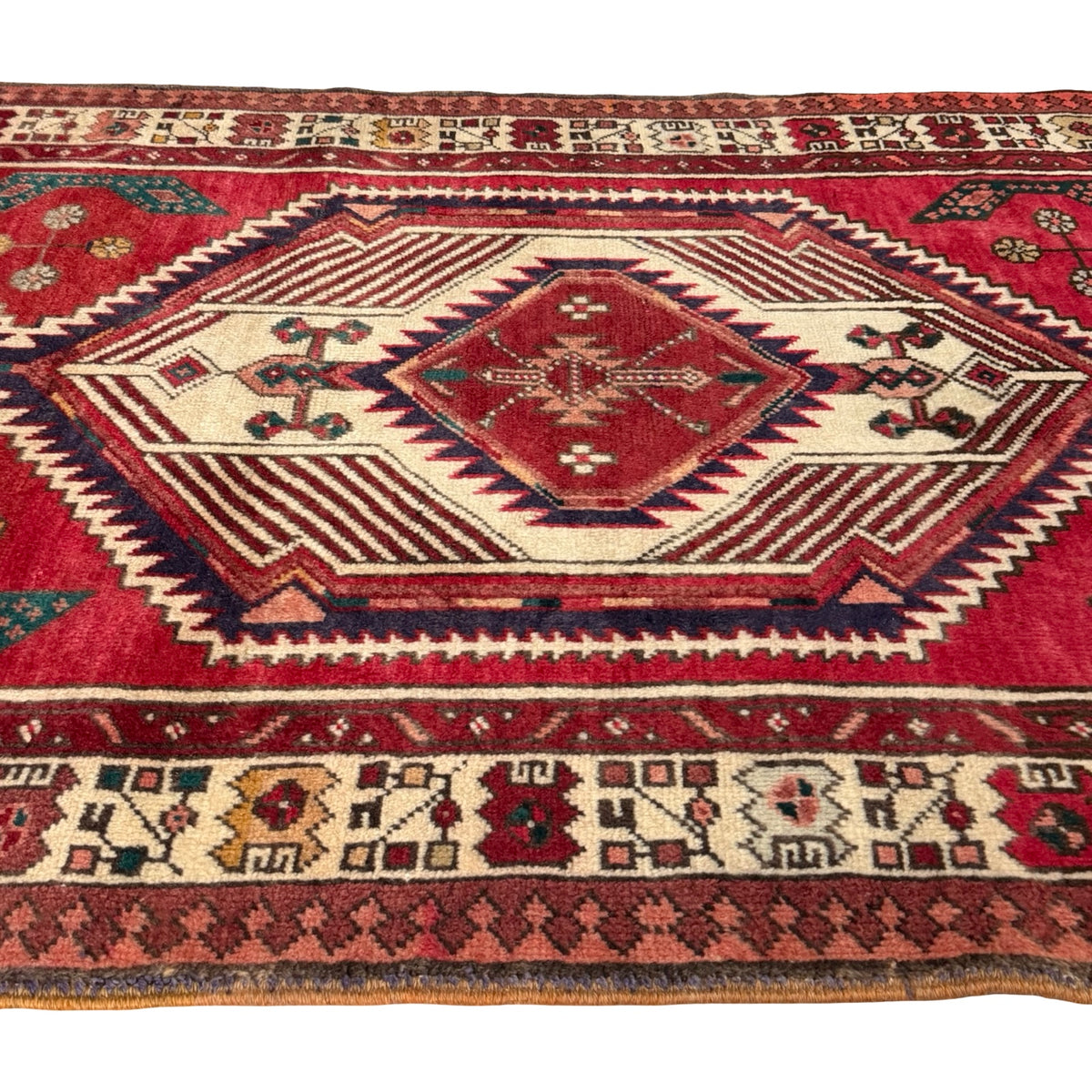 346 x 103 cm Hand Knotted Vintage Persian Karaja Wool Runner Rug – Red & Navy