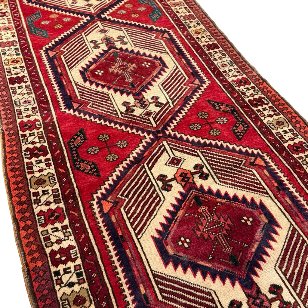 346 x 103 cm Hand Knotted Vintage Persian Karaja Wool Runner Rug – Red & Navy
